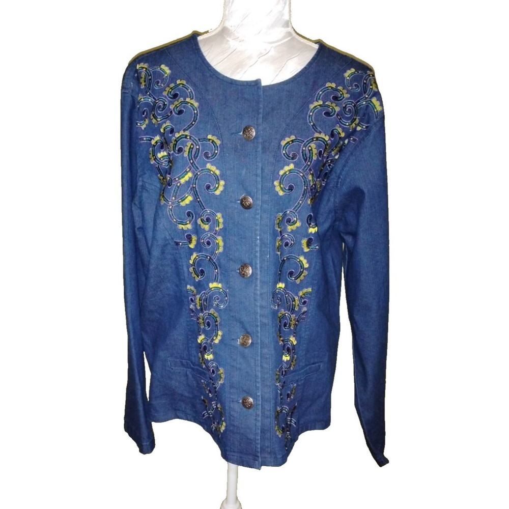 Choices XL Women’s Embroidered Blue Denim Jacket Floral Feminine Tailored Cute